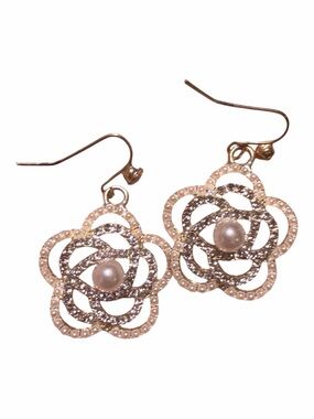 Gold Floral Pearl Drop Earrings with Sparkle Accents